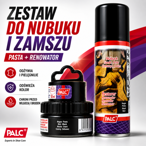 Zestaw PALC czarny: pasta 50 ml i renowator do zamszu oraz nubuku. Odśwież kolor, wypielęgnuj buty i zabezpiecz je. Sprawdź ofertę.