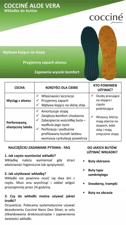 COCCINE LATEX ALOE VERA Wkładki do butów 36–46 | Komfort, świeżość, higiena